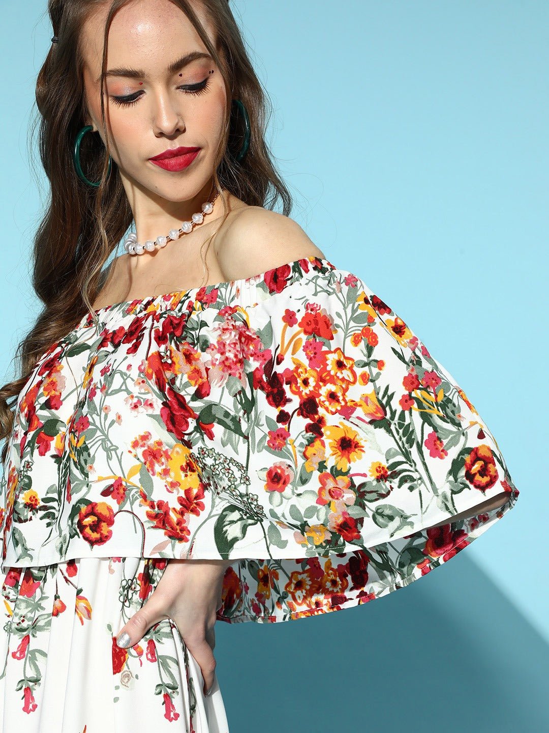 Folk Republic Women White & Red Floral Printed Off-Shoulder Neck Crepe Layered Maxi Dress - #folk republic#