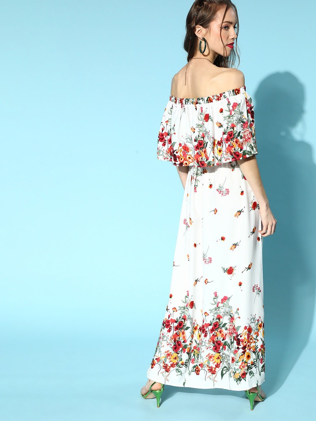Folk Republic Women White & Red Floral Printed Off-Shoulder Neck Crepe Layered Maxi Dress - #folk republic#