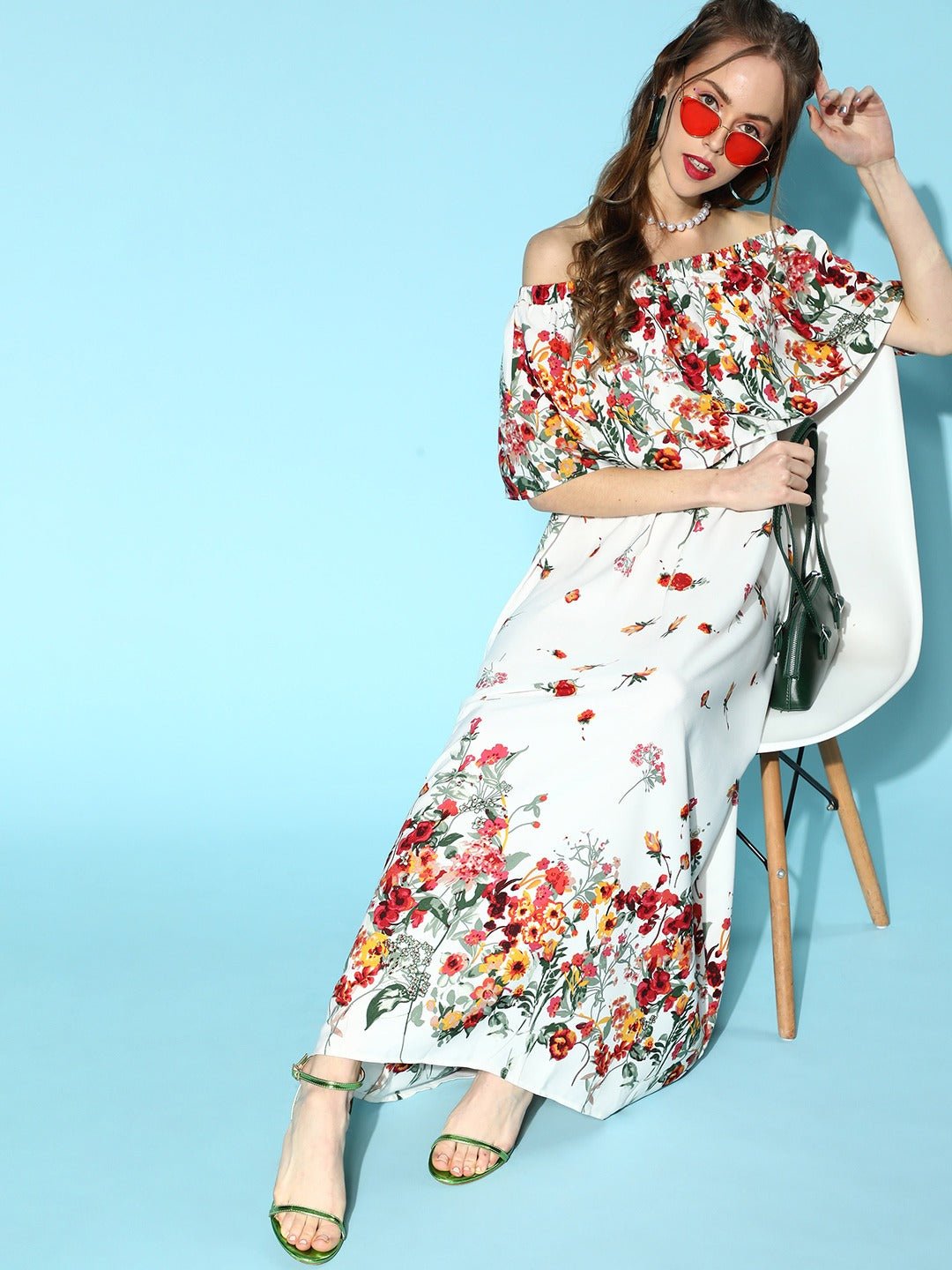 Folk Republic Women White & Red Floral Printed Off-Shoulder Neck Crepe Layered Maxi Dress - #folk republic#