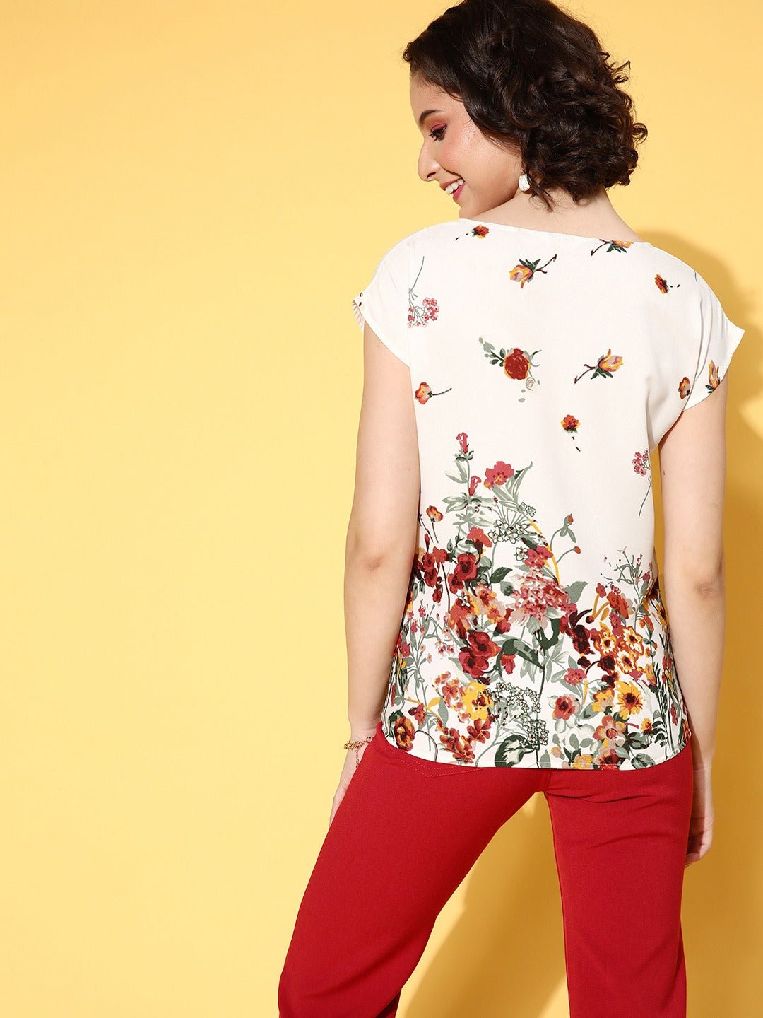Folk Republic Women White & Red Floral Printed Round Neck Crepe Regular Top - #folk republic#