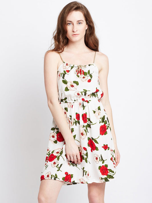 Folk Republic Women White & Red Floral Printed Square Neck Drawstring Fit & Flare Mini Dress - #folk republic#