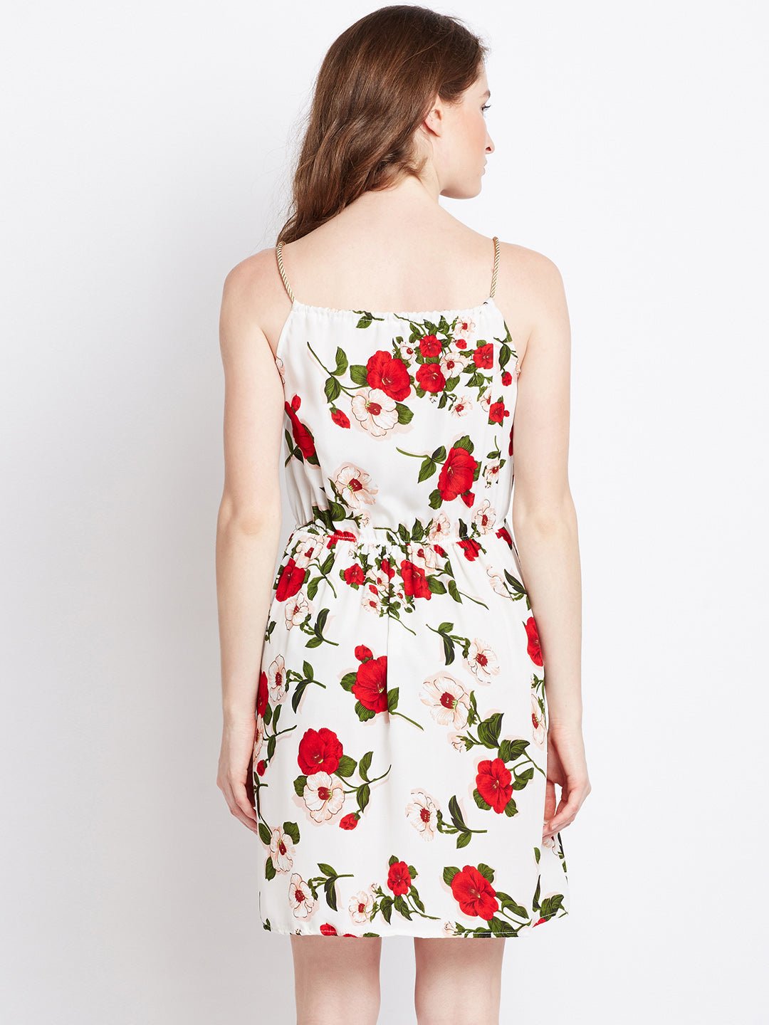 Folk Republic Women White & Red Floral Printed Square Neck Drawstring Fit & Flare Mini Dress - #folk republic#