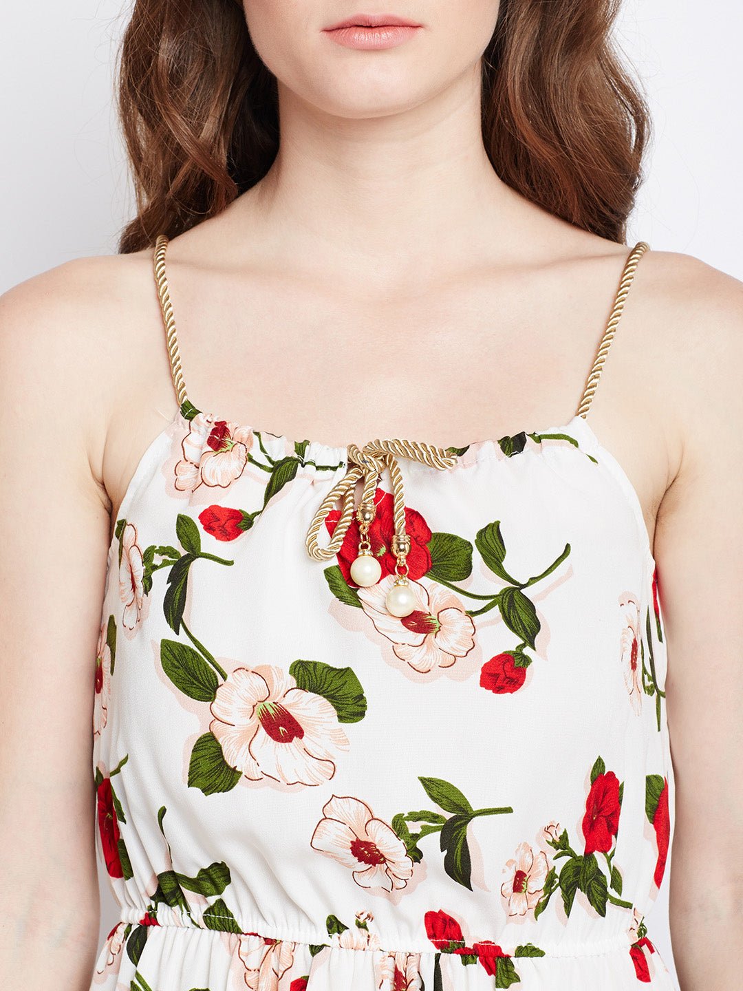 Folk Republic Women White & Red Floral Printed Square Neck Drawstring Fit & Flare Mini Dress - #folk republic#