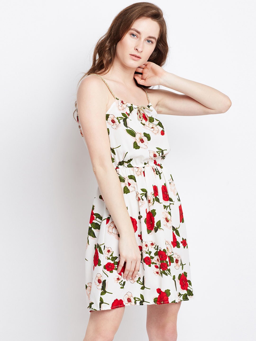 Folk Republic Women White & Red Floral Printed Square Neck Drawstring Fit & Flare Mini Dress - #folk republic#