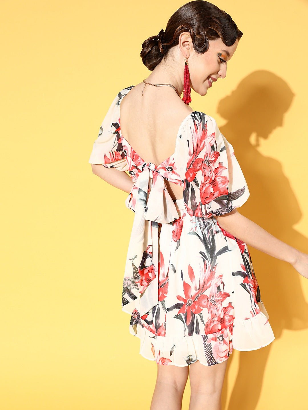 Folk Republic Women White & Red Floral Printed Square Neck Georgette Flounce Hem A-Line Mini Dress - #folk republic#
