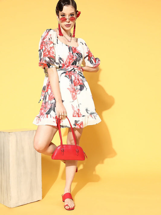Folk Republic Women White & Red Floral Printed Square Neck Georgette Flounce Hem A-Line Mini Dress - #folk republic#