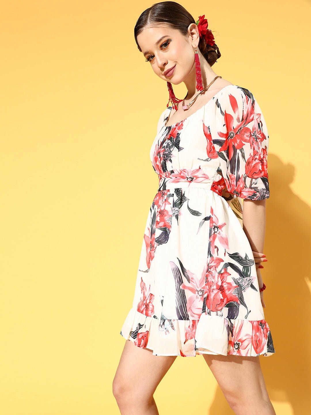Folk Republic Women White & Red Floral Printed Square Neck Georgette Flounce Hem A-Line Mini Dress - #folk republic#