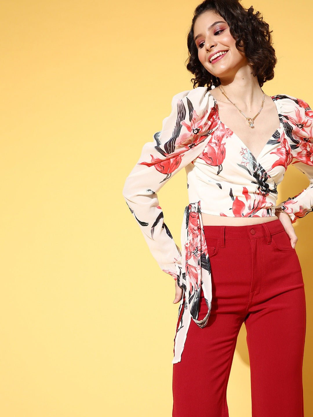 Folk Republic Women White & Red Floral Printed Sweetheart Neck Waist Tie-Up Wrap Crop Top - #folk republic#