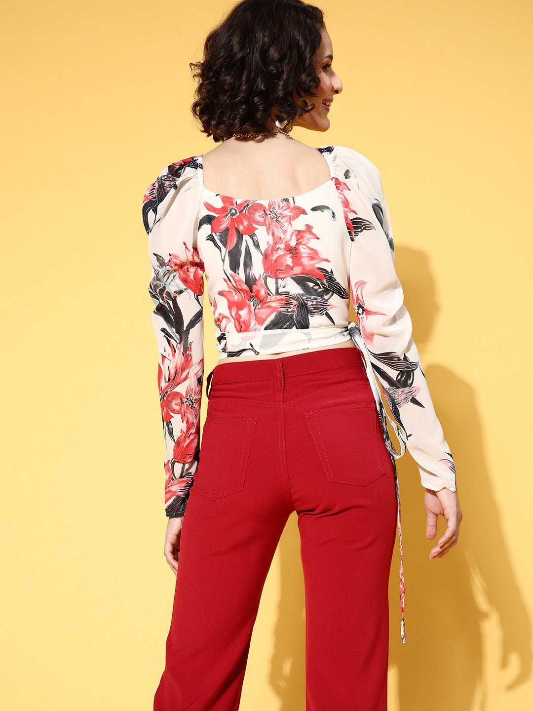 Folk Republic Women White & Red Floral Printed Sweetheart Neck Waist Tie-Up Wrap Crop Top - #folk republic#