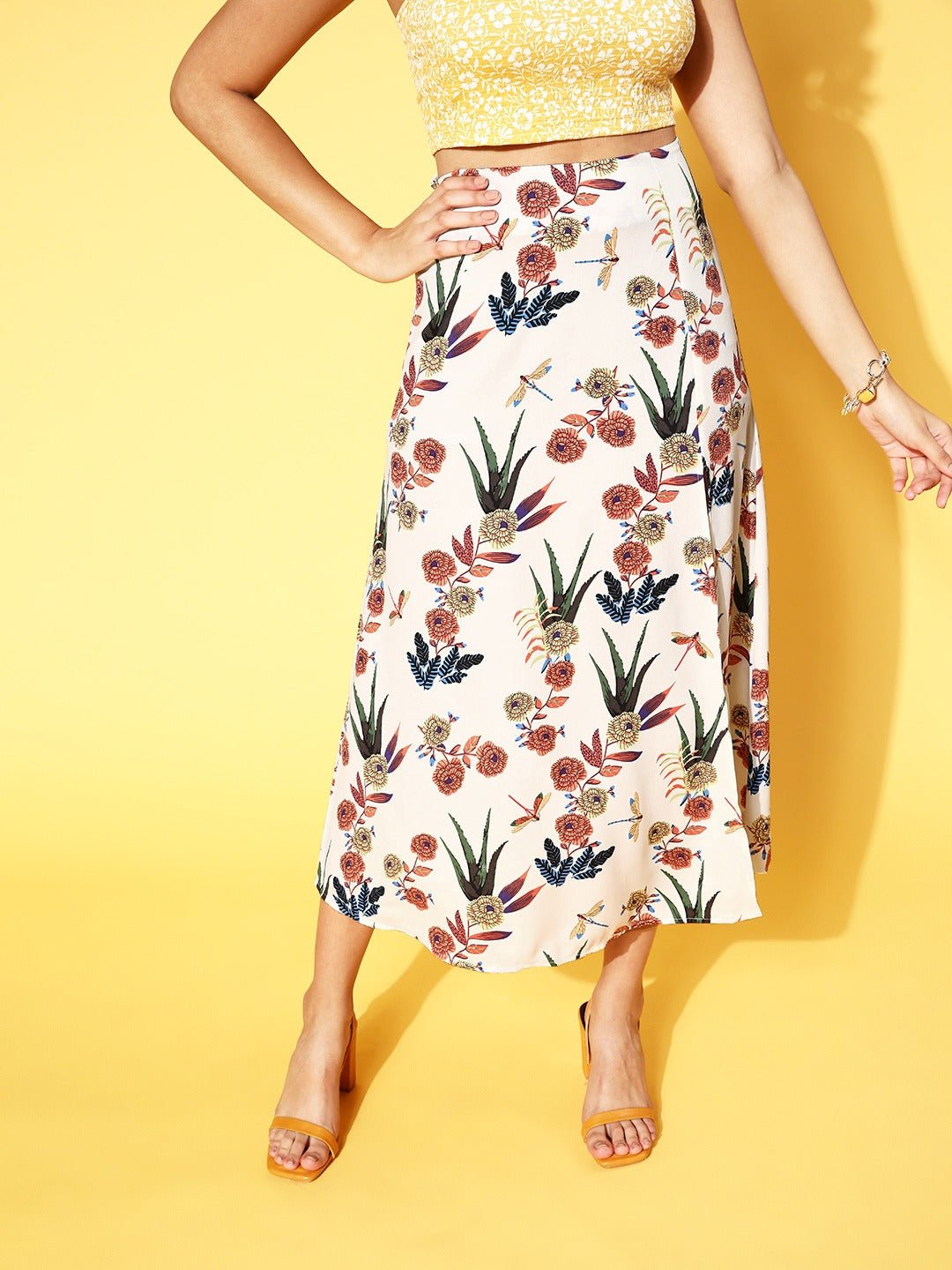 Folk Republic Women White & Red Floral Printed Thigh-High Slit Flared A-Line Midi Skirt - #folk republic#