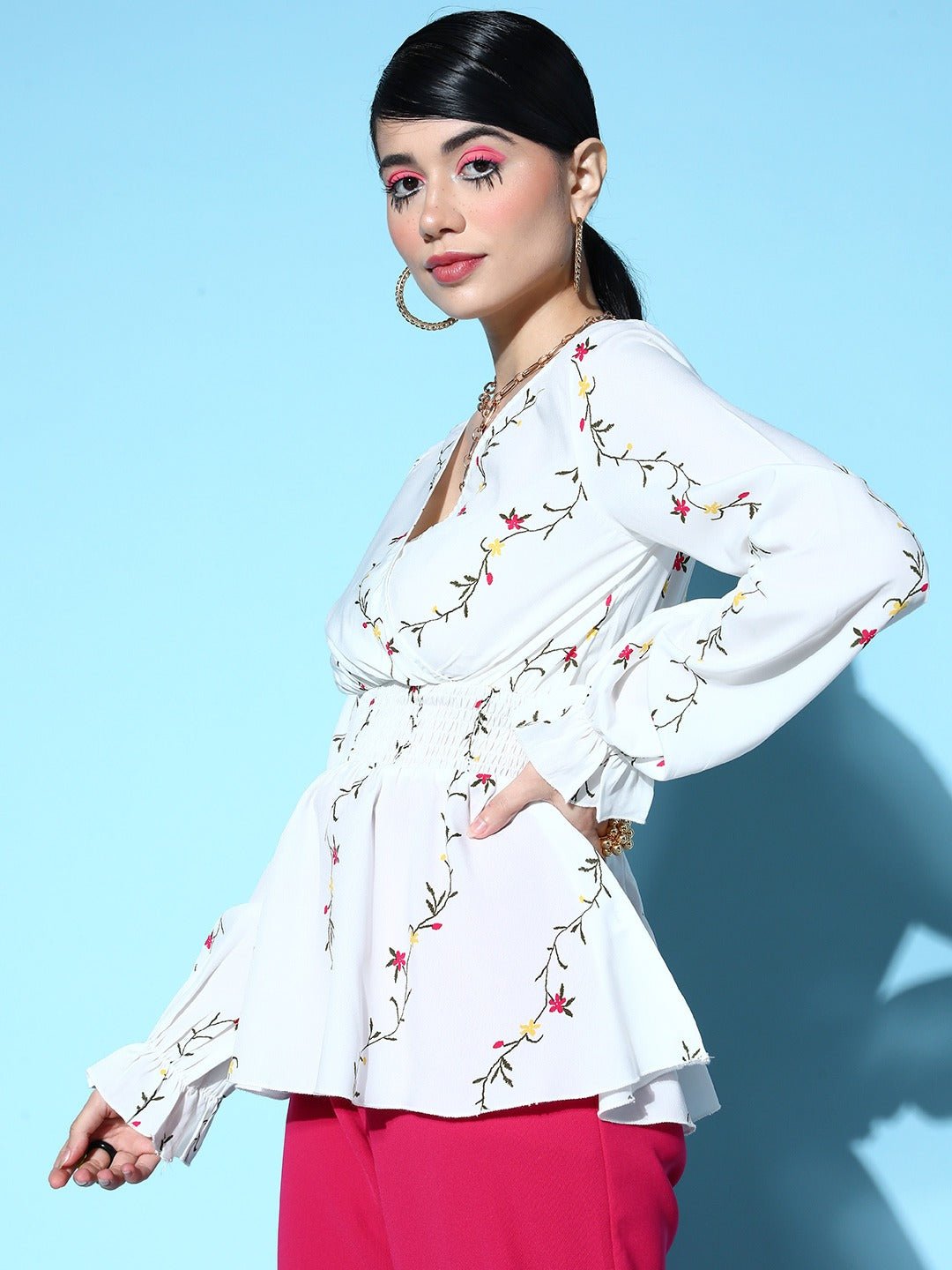 Folk Republic Women White & Red Floral Printed V-Neck Long Bell Sleeve Crepe Smocked Regular Peplum Top - #folk republic#