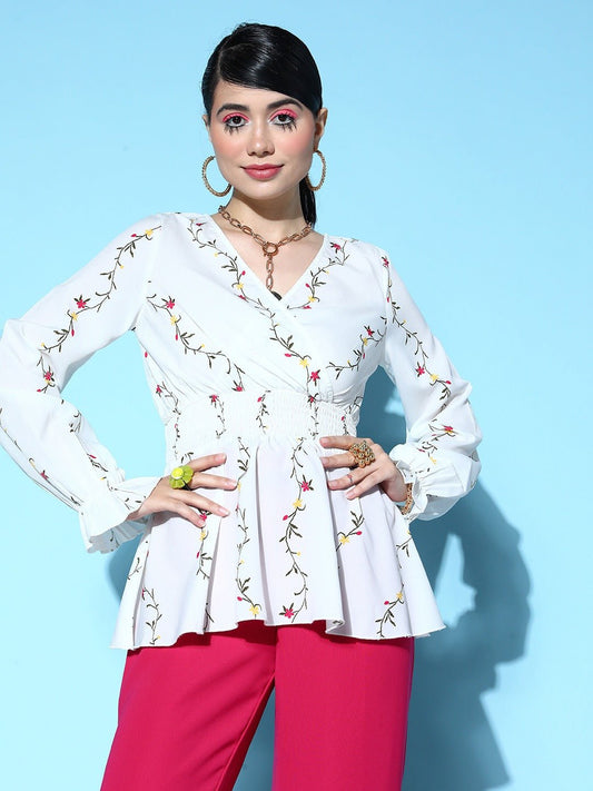 Folk Republic Women White & Red Floral Printed V-Neck Long Bell Sleeve Crepe Smocked Regular Peplum Top - #folk republic#