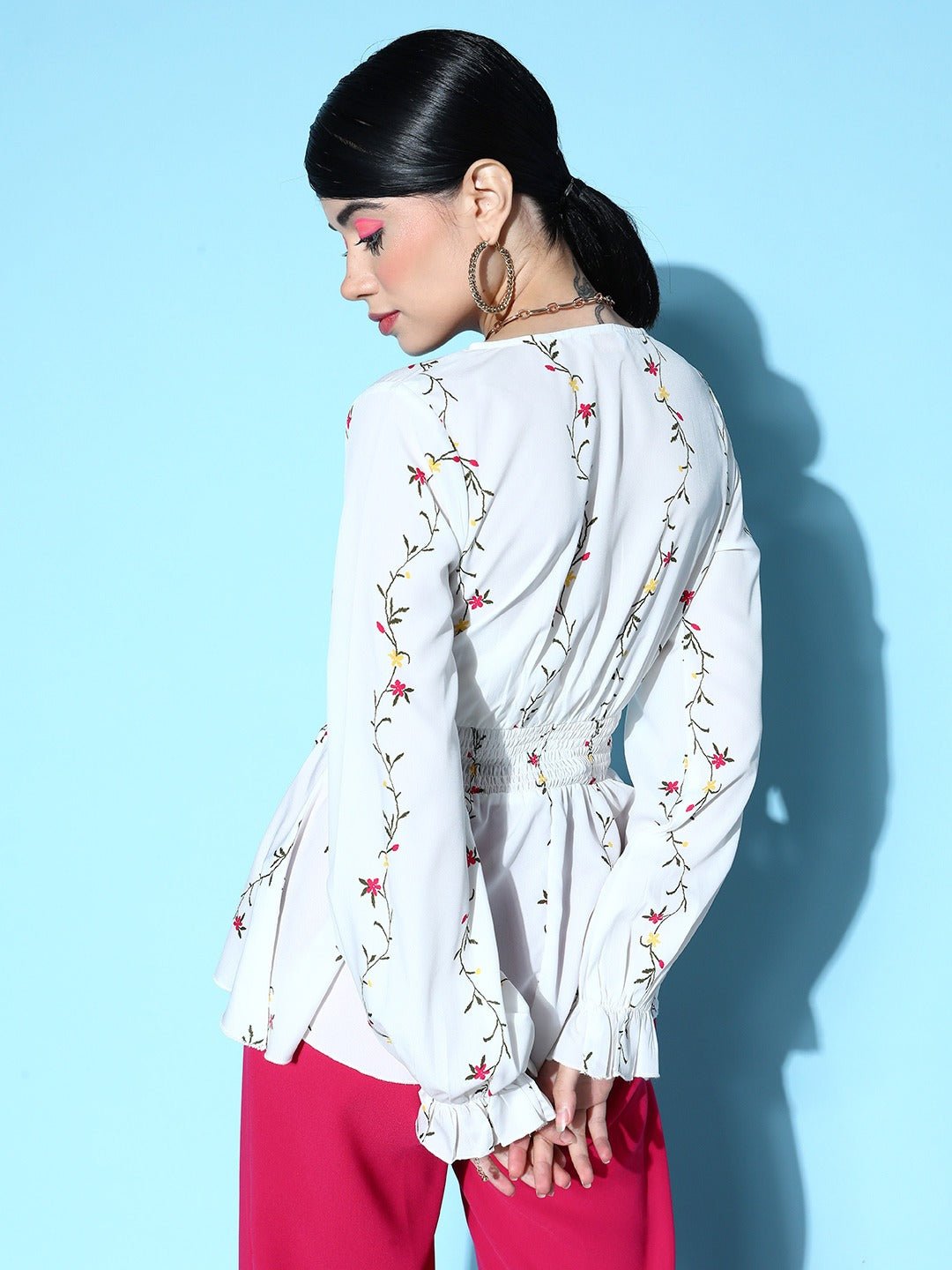 Folk Republic Women White & Red Floral Printed V-Neck Long Bell Sleeve Crepe Smocked Regular Peplum Top - #folk republic#