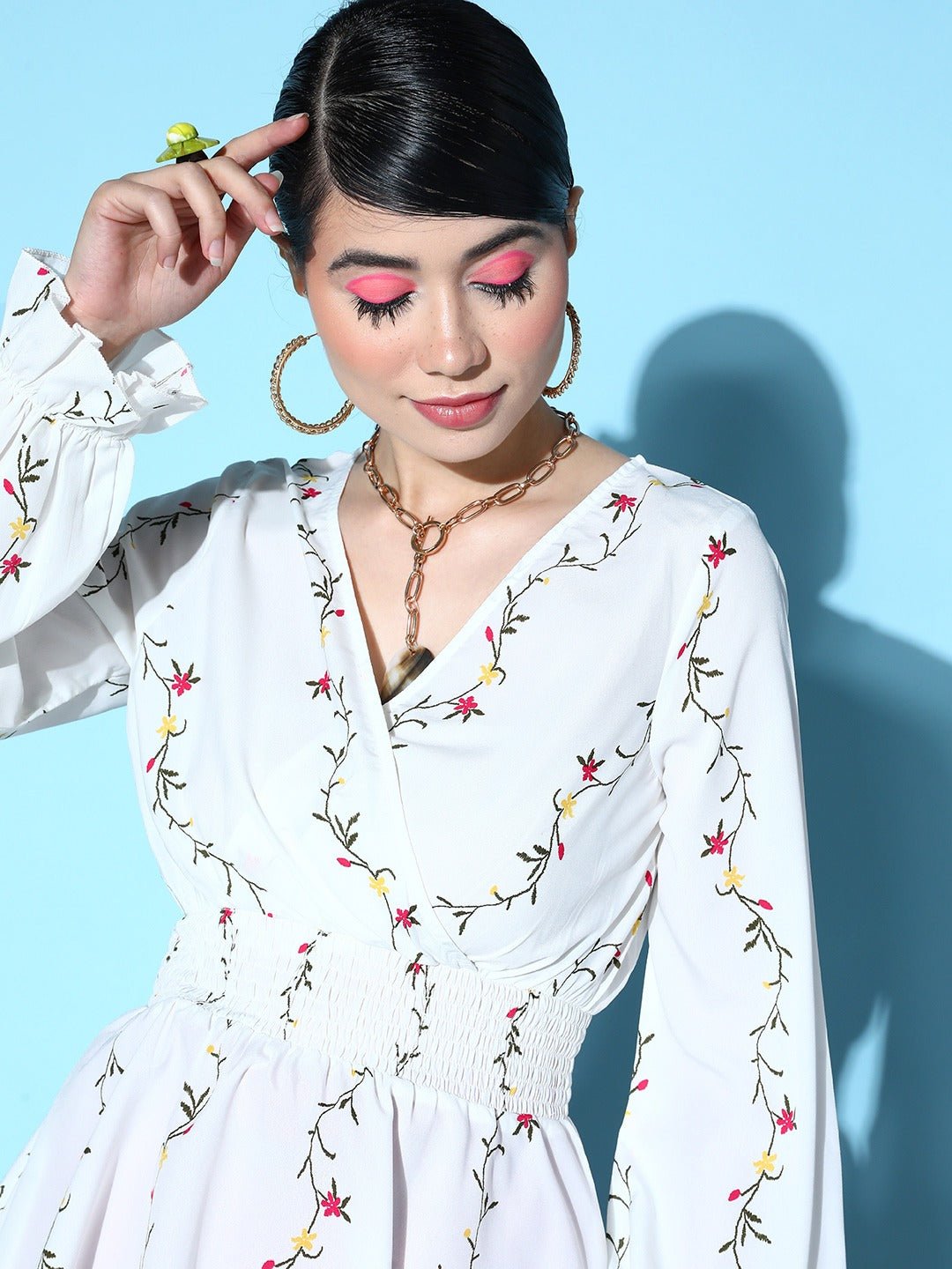 Folk Republic Women White & Red Floral Printed V-Neck Long Bell Sleeve Crepe Smocked Regular Peplum Top - #folk republic#