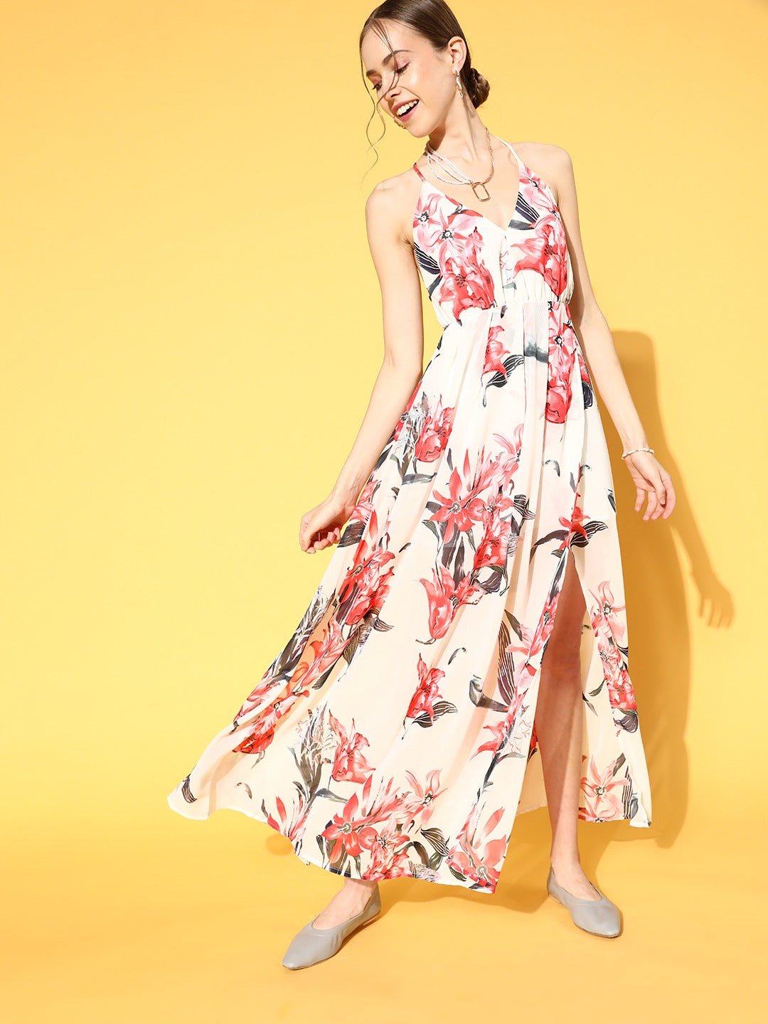 Folk Republic Women White & Red Floral Printed V-Neck Strap-Back Georgette Thigh-High Slit Flared Maxi Dress - #folk republic#