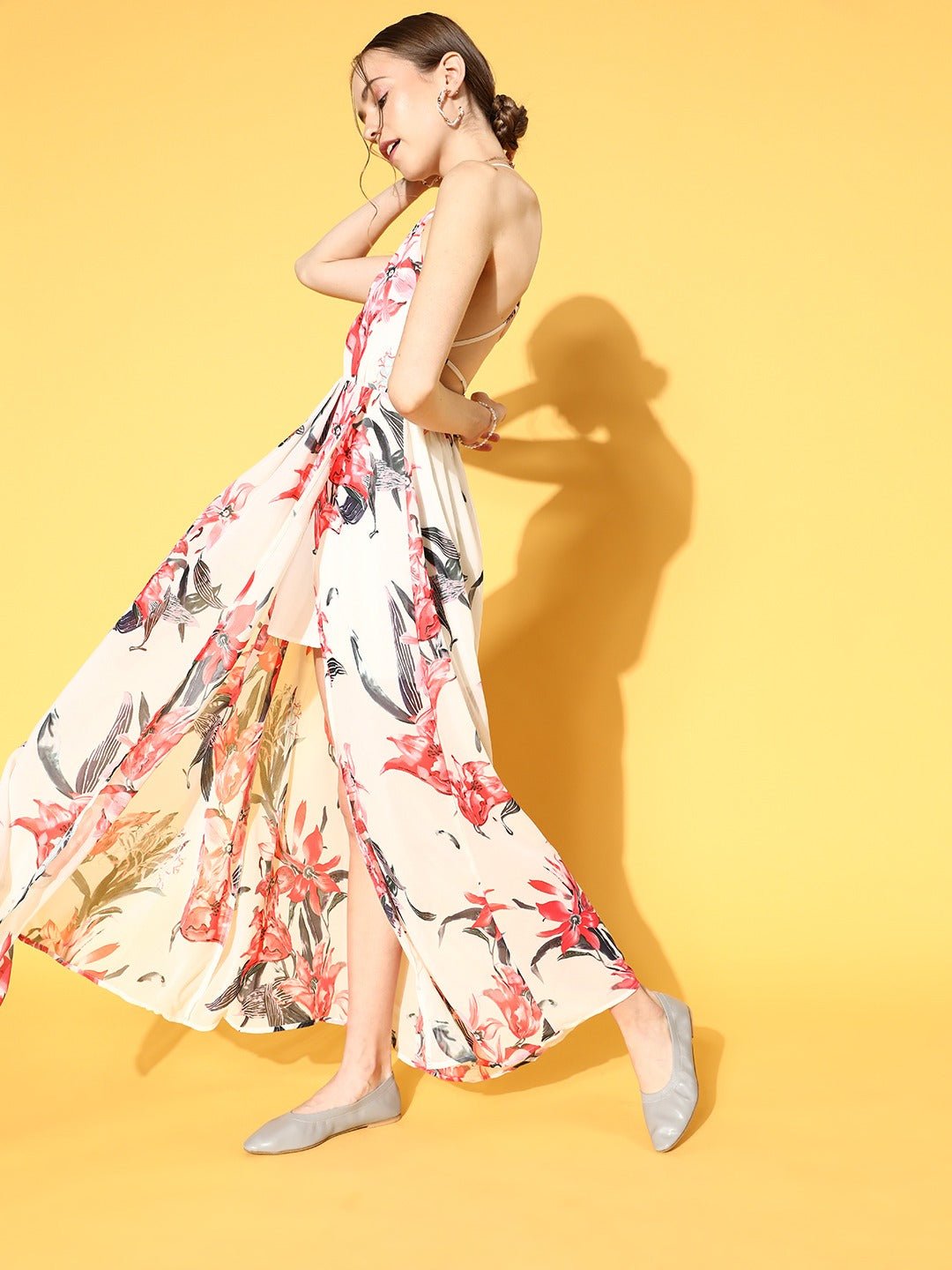 Folk Republic Women White & Red Floral Printed V-Neck Strap-Back Georgette Thigh-High Slit Flared Maxi Dress - #folk republic#