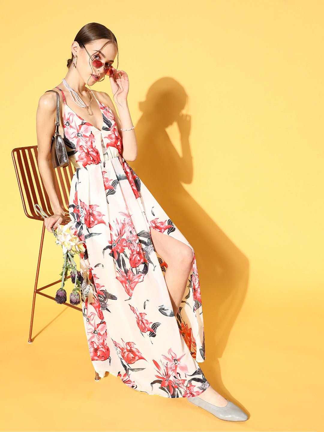 Folk Republic Women White & Red Floral Printed V-Neck Strap-Back Georgette Thigh-High Slit Flared Maxi Dress - #folk republic#