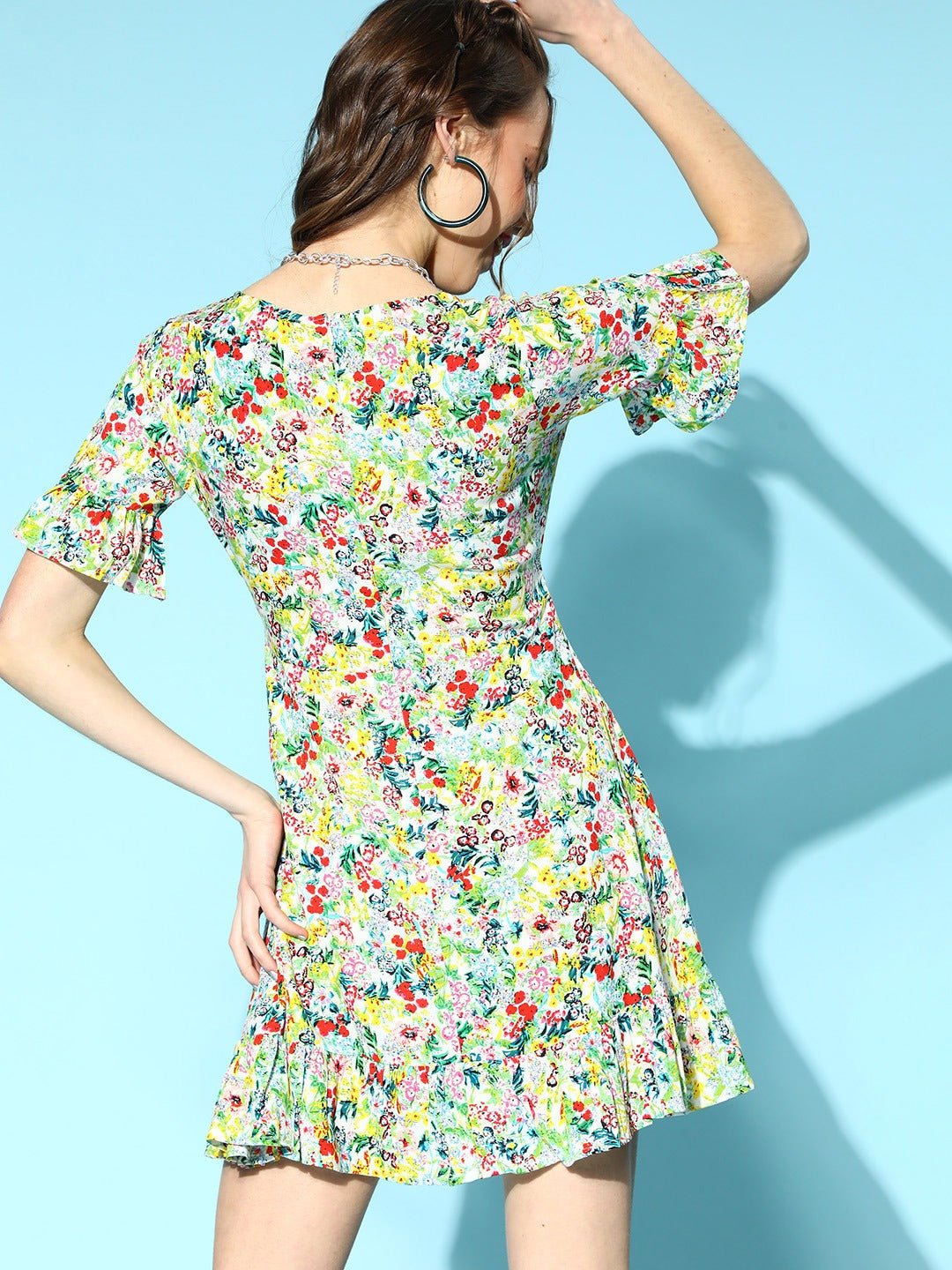 Folk Republic Women White & Red Floral Printed V-Neck Waist Tie-Up Flounce Hem Fit & Flare Wrap Mini Dress - #folk republic#