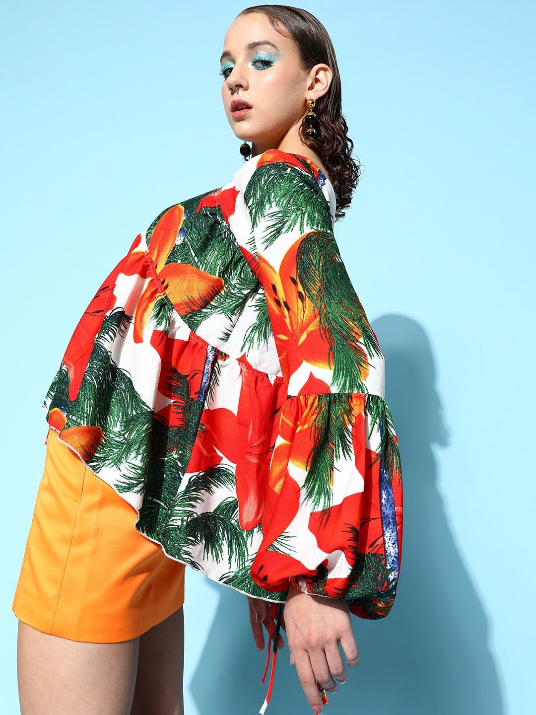 Folk Republic Women White & Red Tropical Printed Tie-Up Neck Crepe Empire Top - #folk republic#