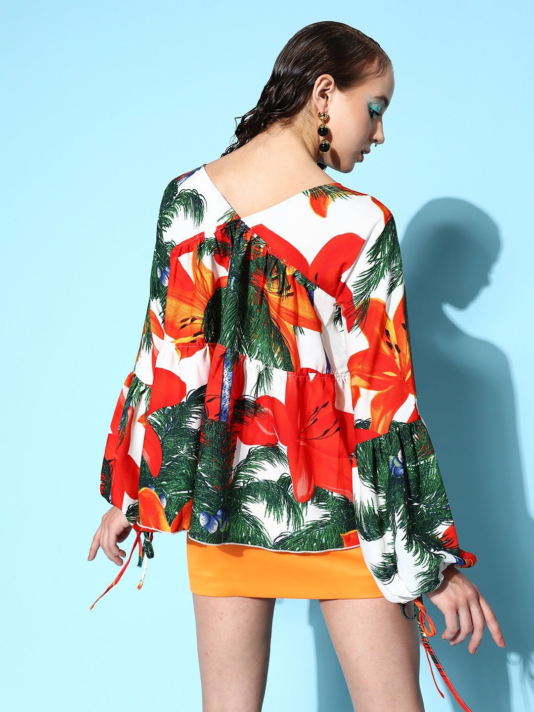 Folk Republic Women White & Red Tropical Printed Tie-Up Neck Crepe Empire Top - #folk republic#