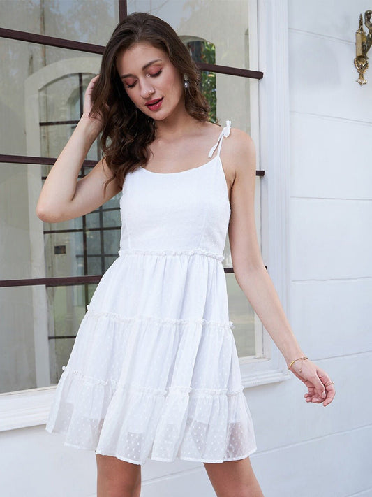 Folk Republic Women White Solid Georgette Fit & Flare Dress - #folk republic#
