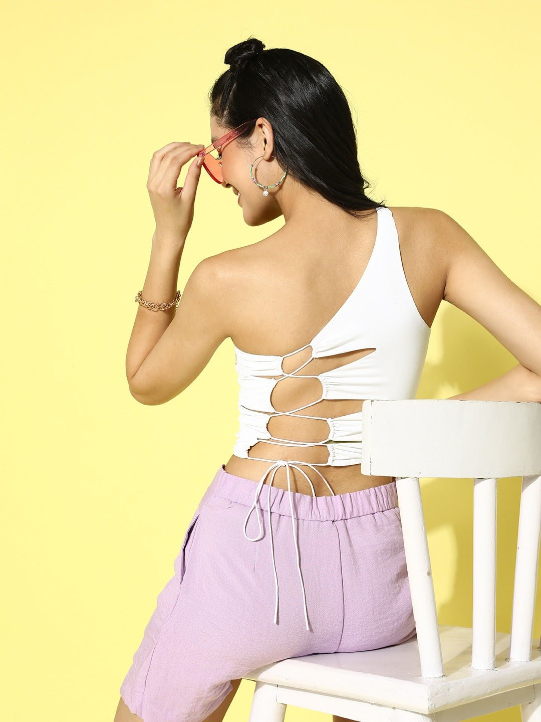Folk Republic Women White Solid One Shoulder Styled Back Crop Top - #folk republic#