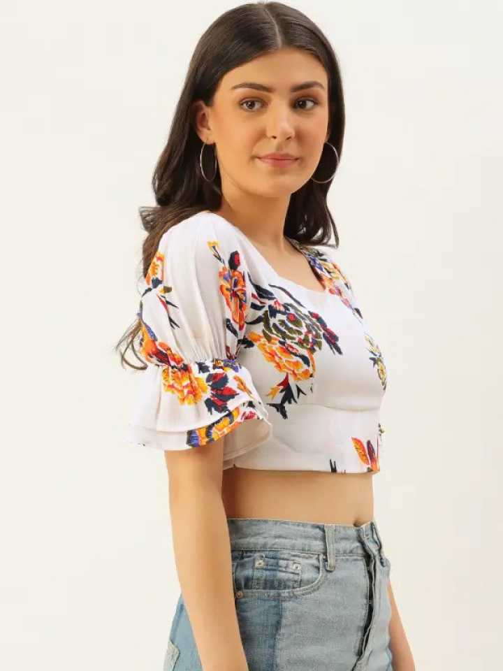 Folk Republic Women White Square Neck Floral Print Crop Top - #folk republic#