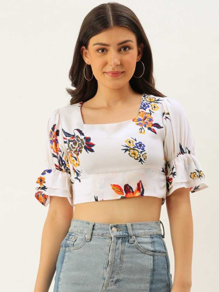 Folk Republic Women White Square Neck Floral Print Crop Top - #folk republic#