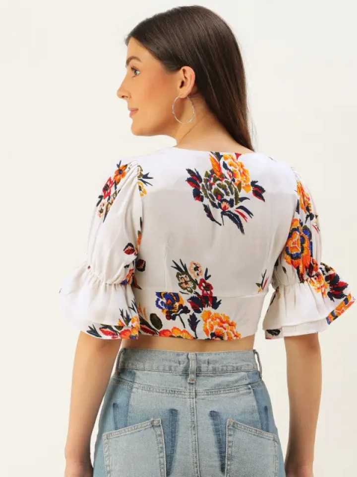 Folk Republic Women White Square Neck Floral Print Crop Top - #folk republic#