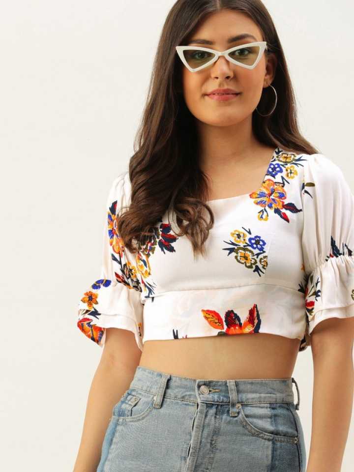 Folk Republic Women White Square Neck Floral Print Crop Top - #folk republic#