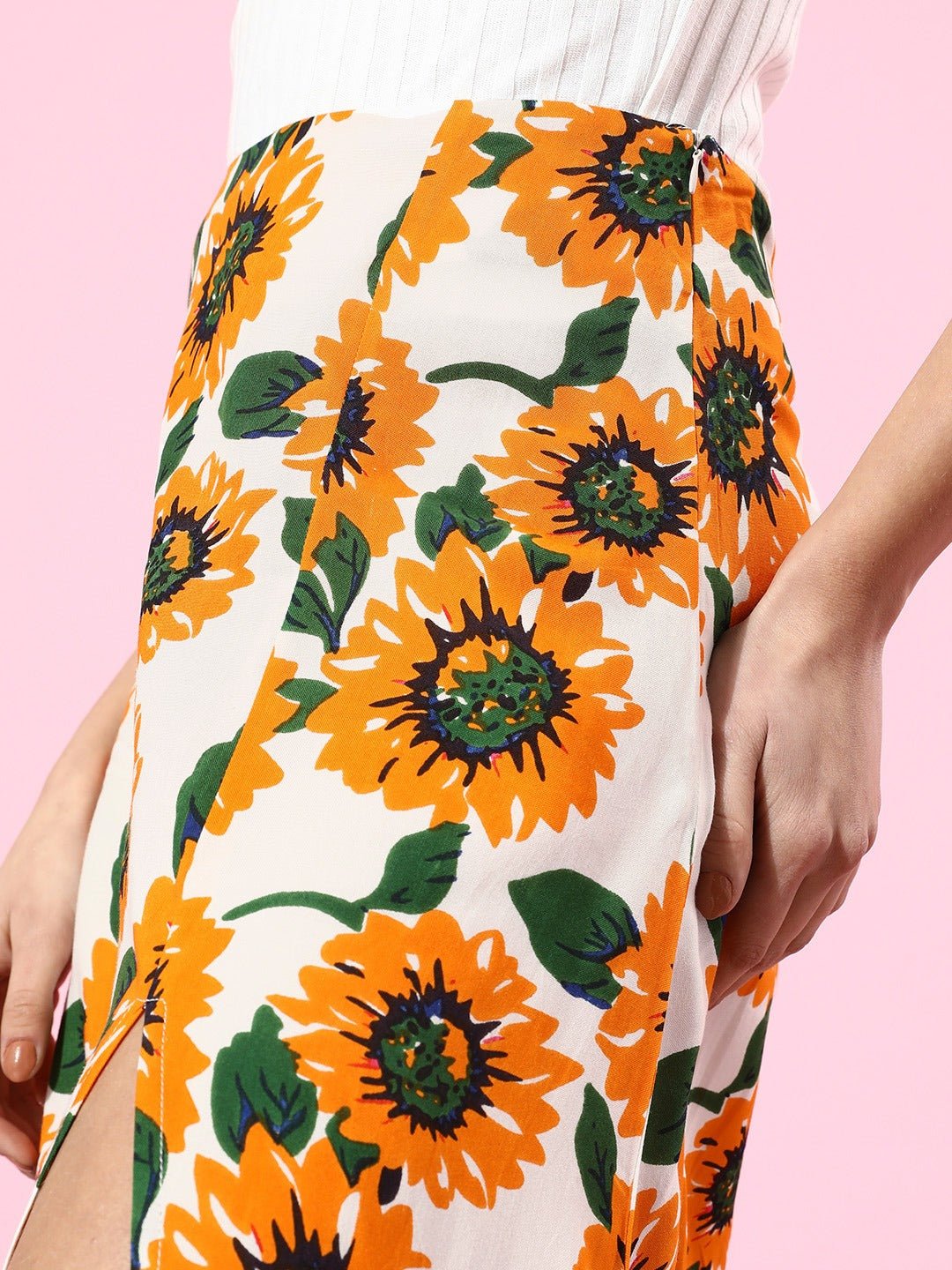 Folk Republic Women White Sunflower Printed Thigh Slit A-Line Midi Skirt - #folk republic#