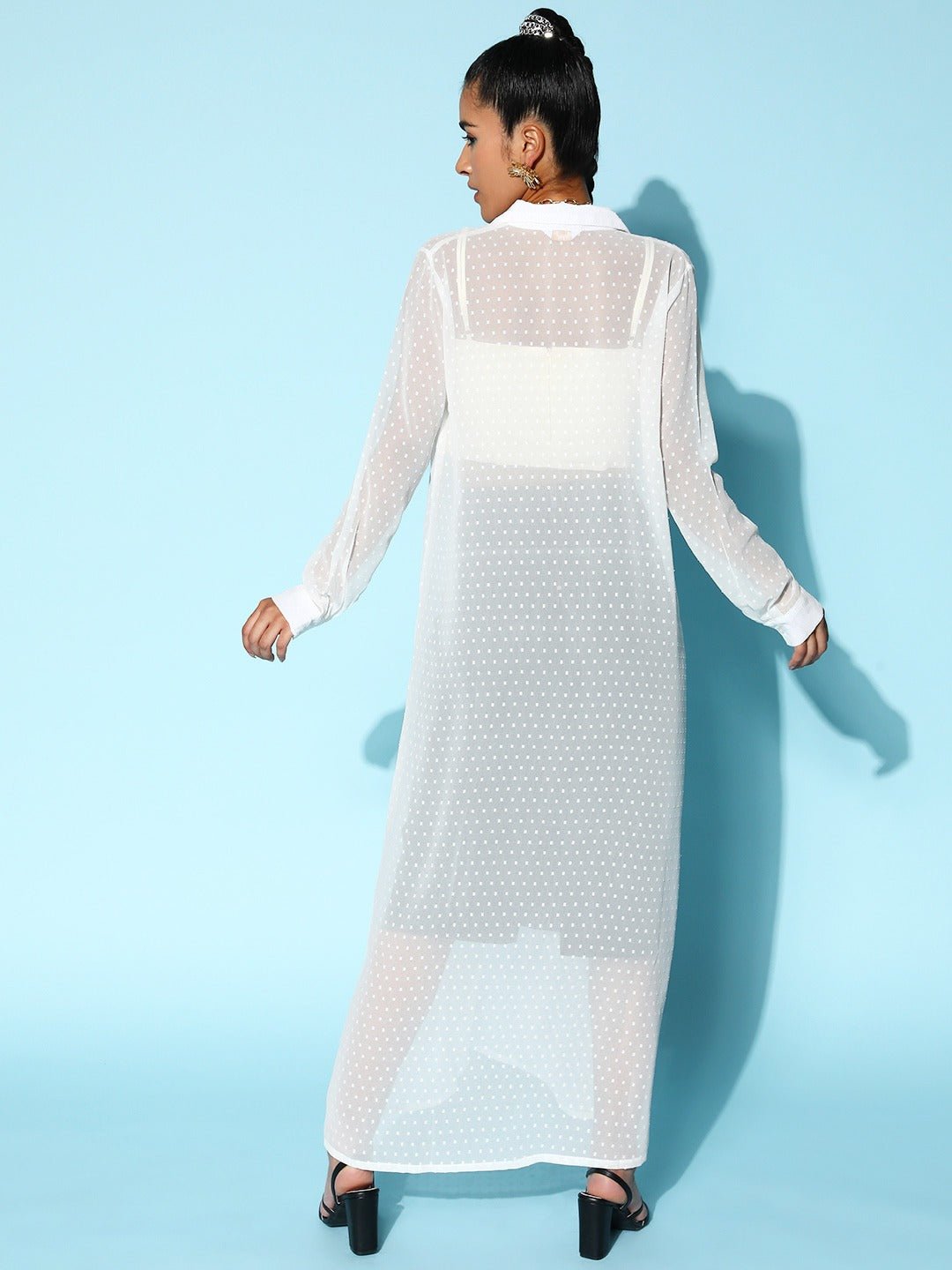 Folk Republic Women White Swiss Dot Semi Sheer Georgette Shirt Style Longline Top - #folk republic#