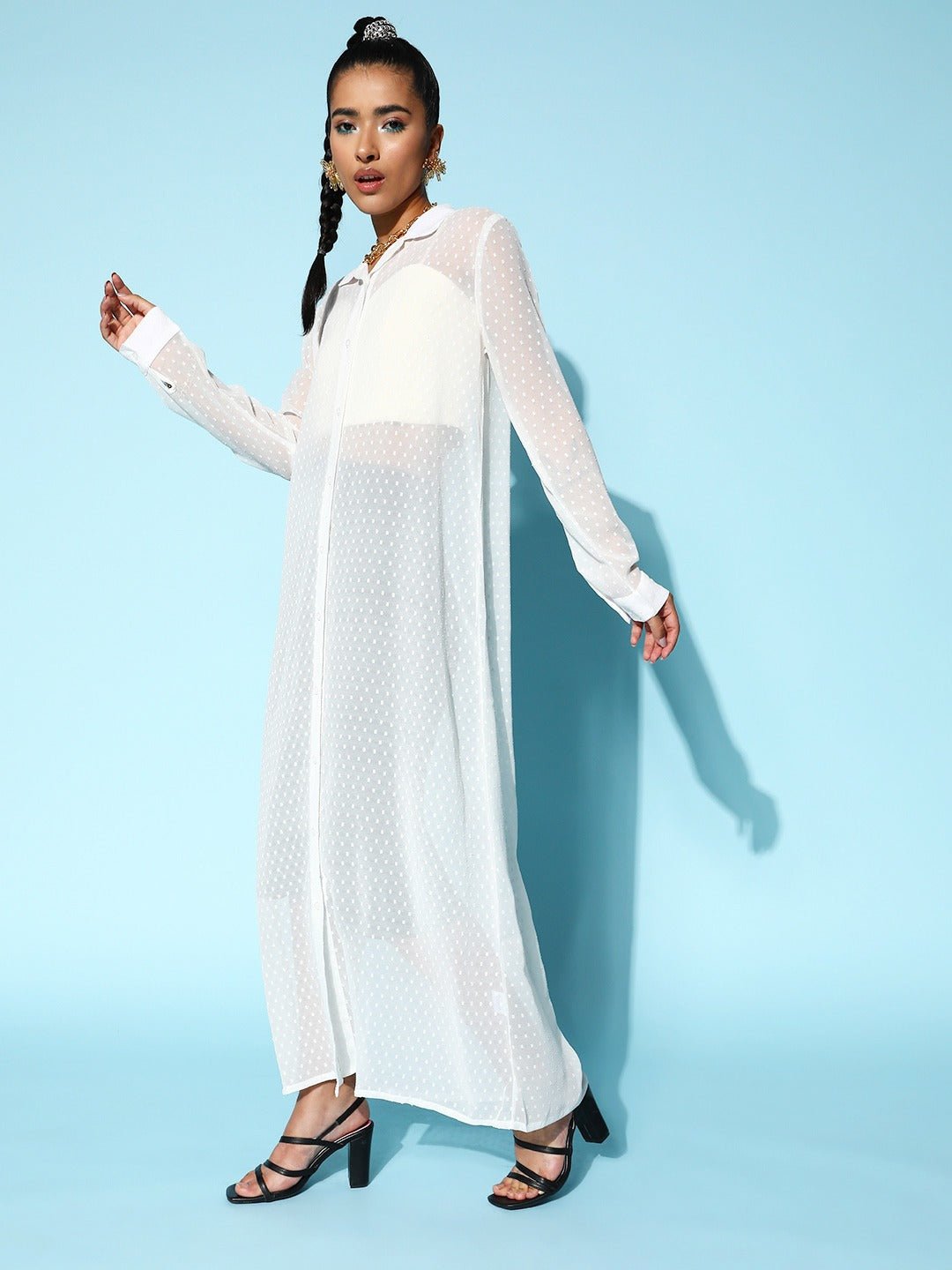 Folk Republic Women White Swiss Dot Semi Sheer Georgette Shirt Style Longline Top - #folk republic#