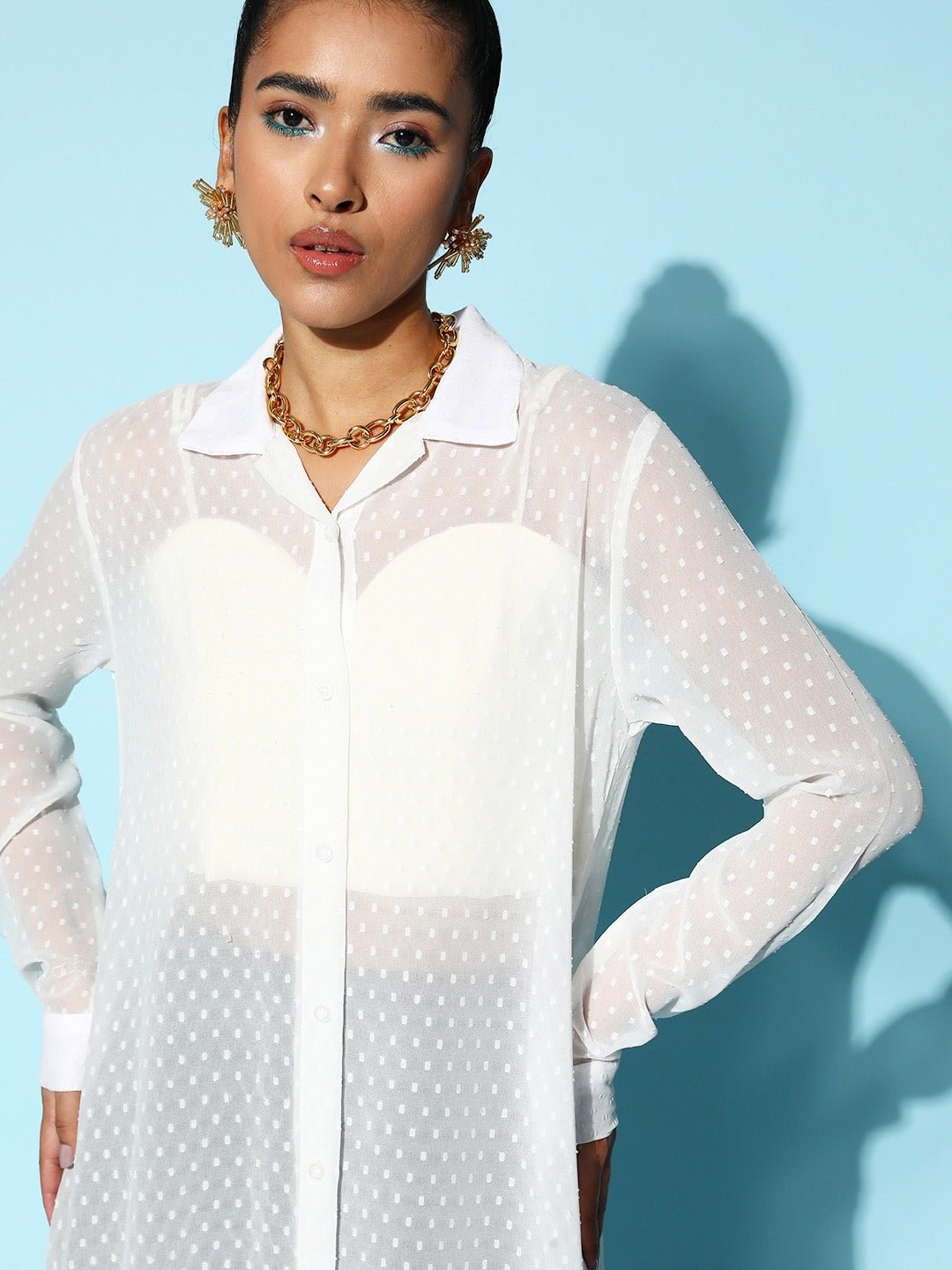 Folk Republic Women White Swiss Dot Semi Sheer Georgette Shirt Style Longline Top - #folk republic#