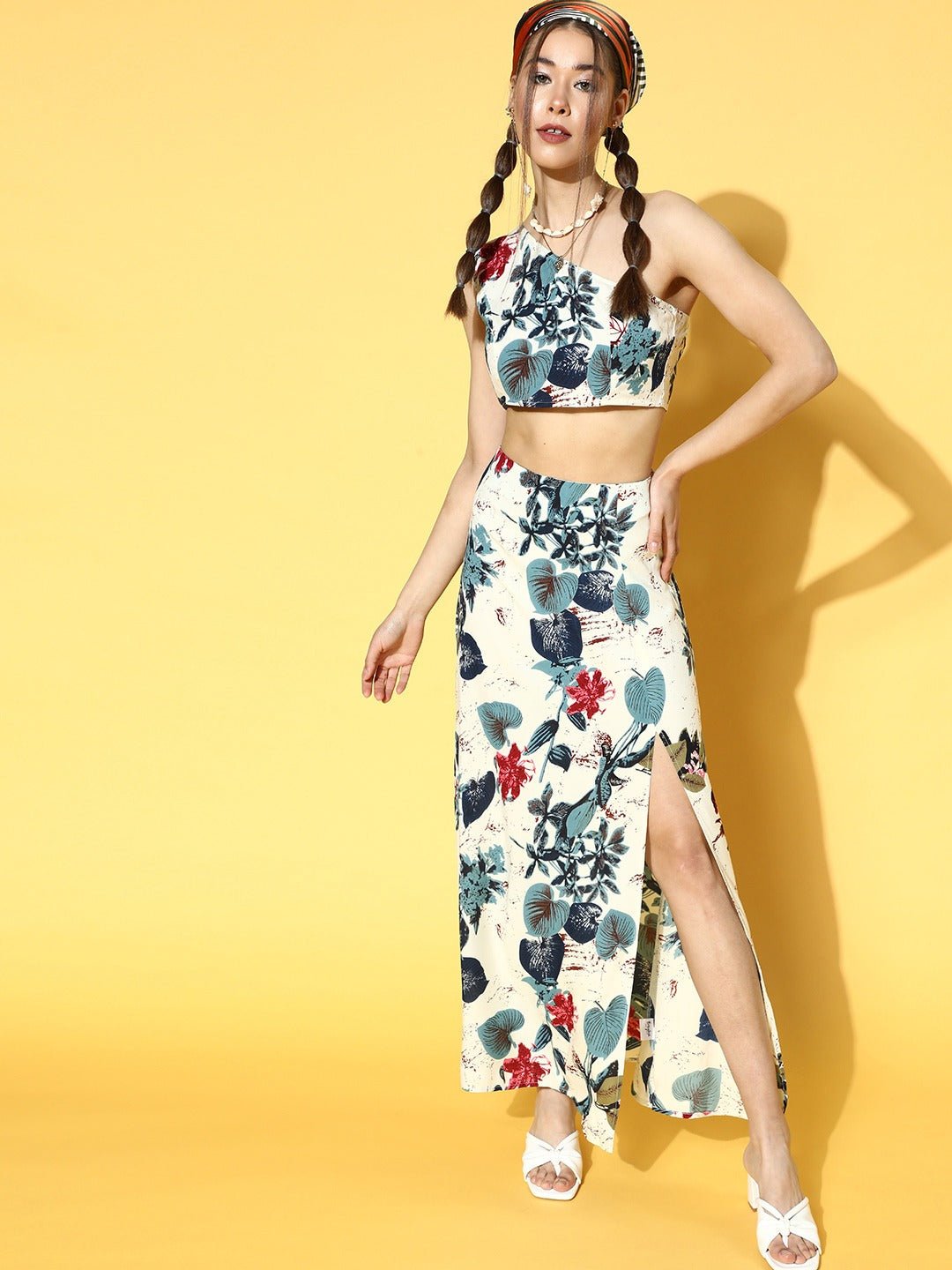 Folk Republic Women White & Teal Floral Printed One-Shoulder Neck Thigh-High Slit Maxi Co-Ordinate Set - #folk republic#