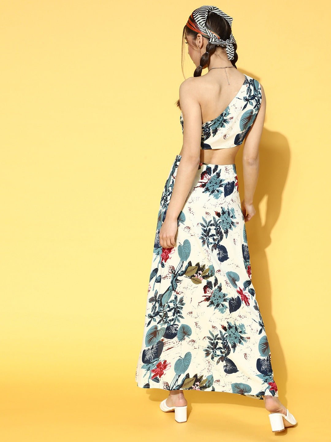 Folk Republic Women White & Teal Floral Printed One-Shoulder Neck Thigh-High Slit Maxi Co-Ordinate Set - #folk republic#