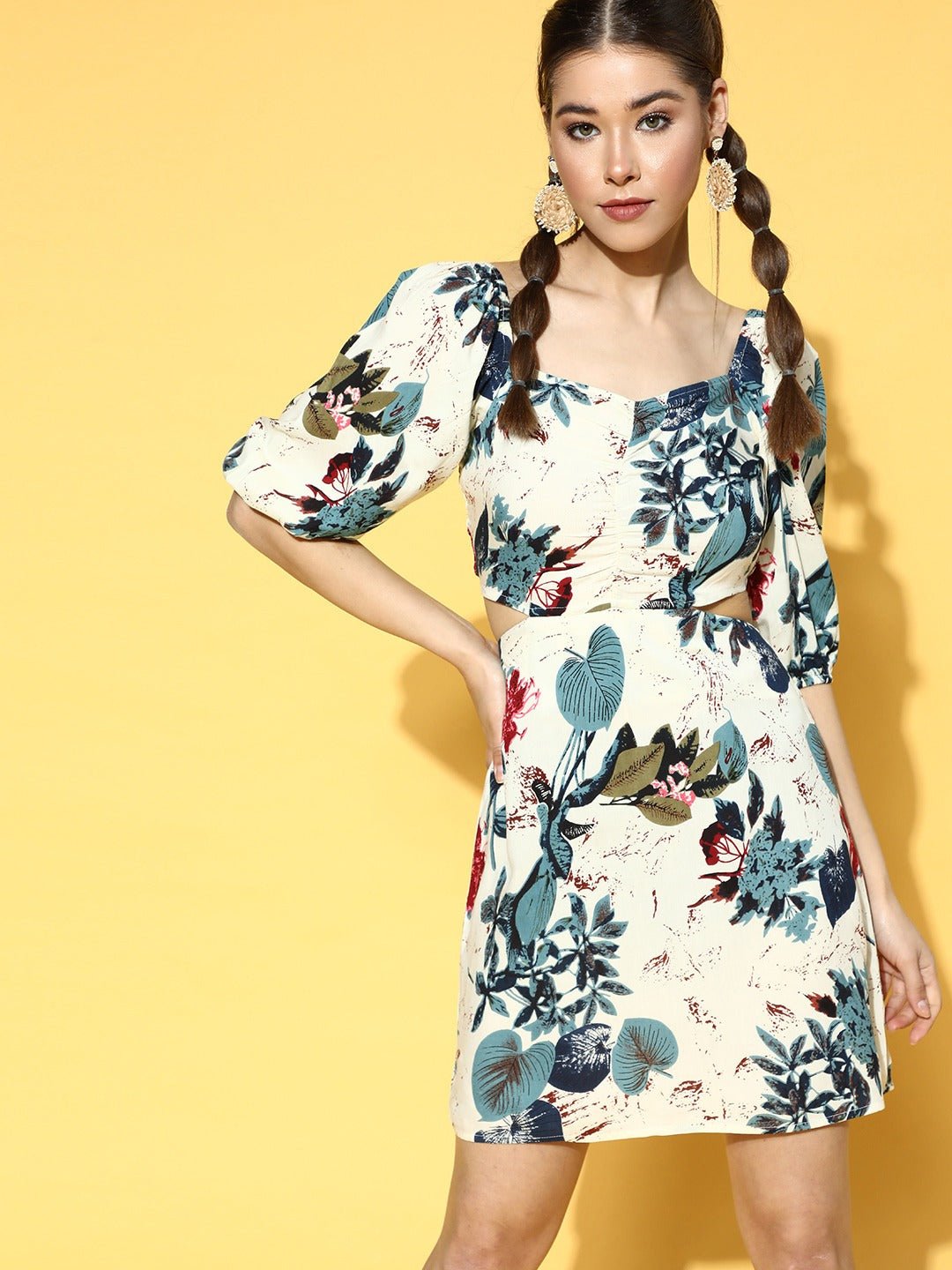 Folk Republic Women White & Teal Floral Printed Sweetheart Neck Waist Cutout Smocked A-Line Mini Dress - #folk republic#