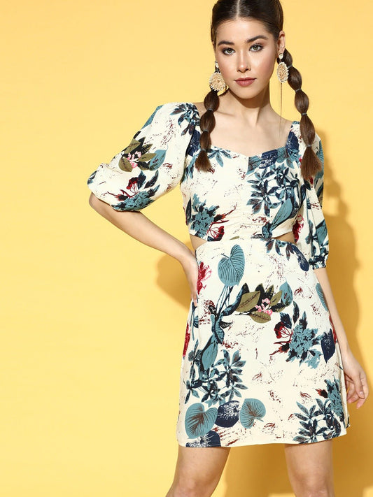 Folk Republic Women White & Teal Floral Printed Sweetheart Neck Waist Cutout Smocked A-Line Mini Dress - #folk republic#