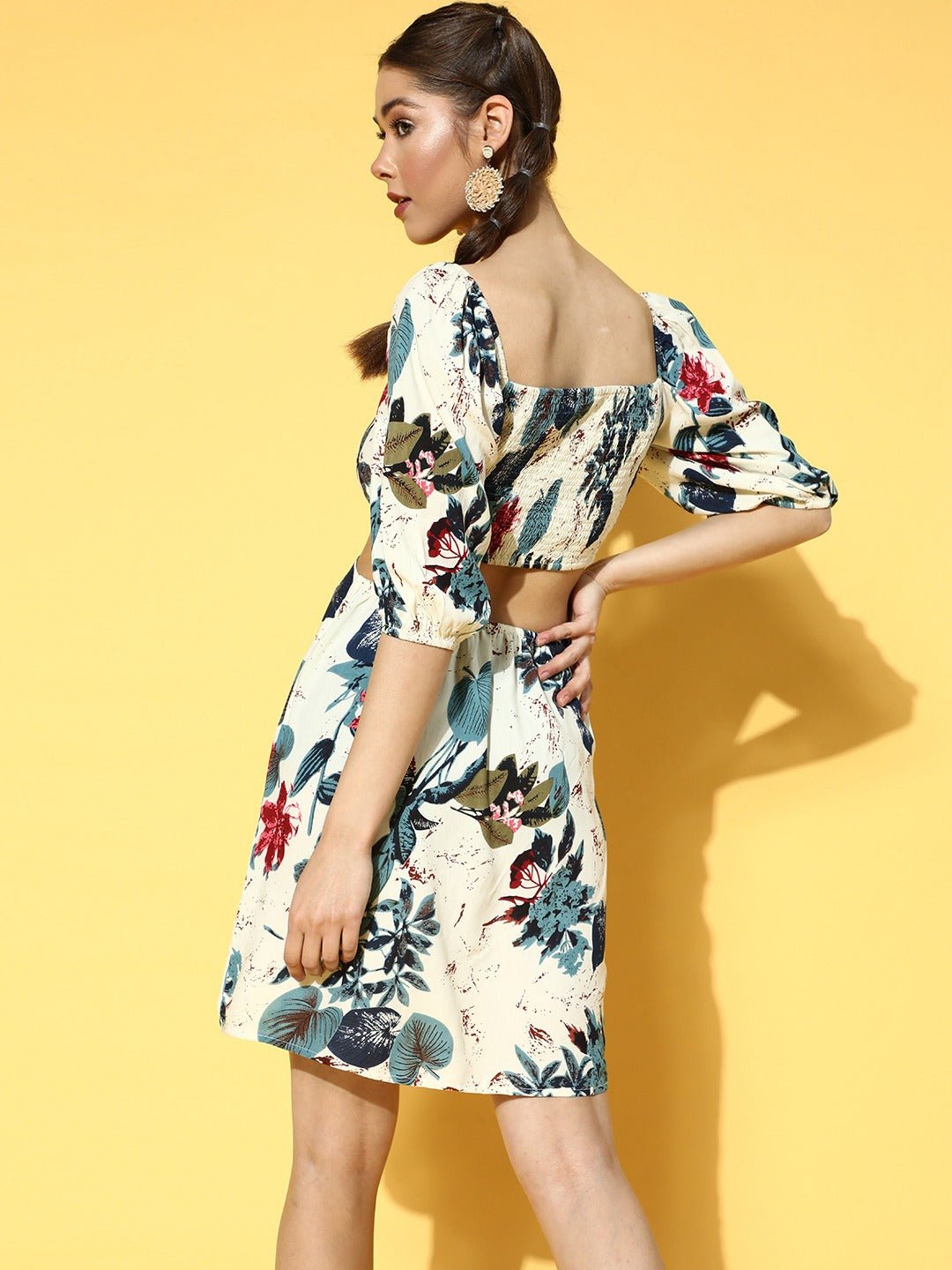 Folk Republic Women White & Teal Floral Printed Sweetheart Neck Waist Cutout Smocked A-Line Mini Dress - #folk republic#