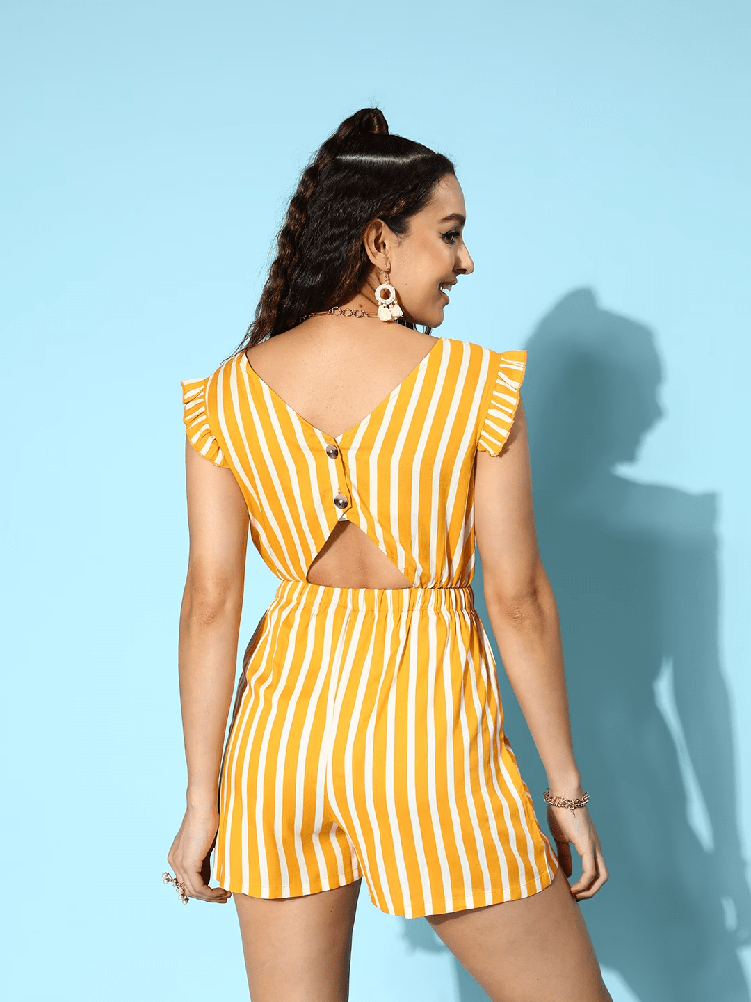 Folk Republic Women White & Yellow Striped Pattern V-Neck Sleeveless Waist Tie-Up Ruffled Mini Jumpsuit - #folk republic#
