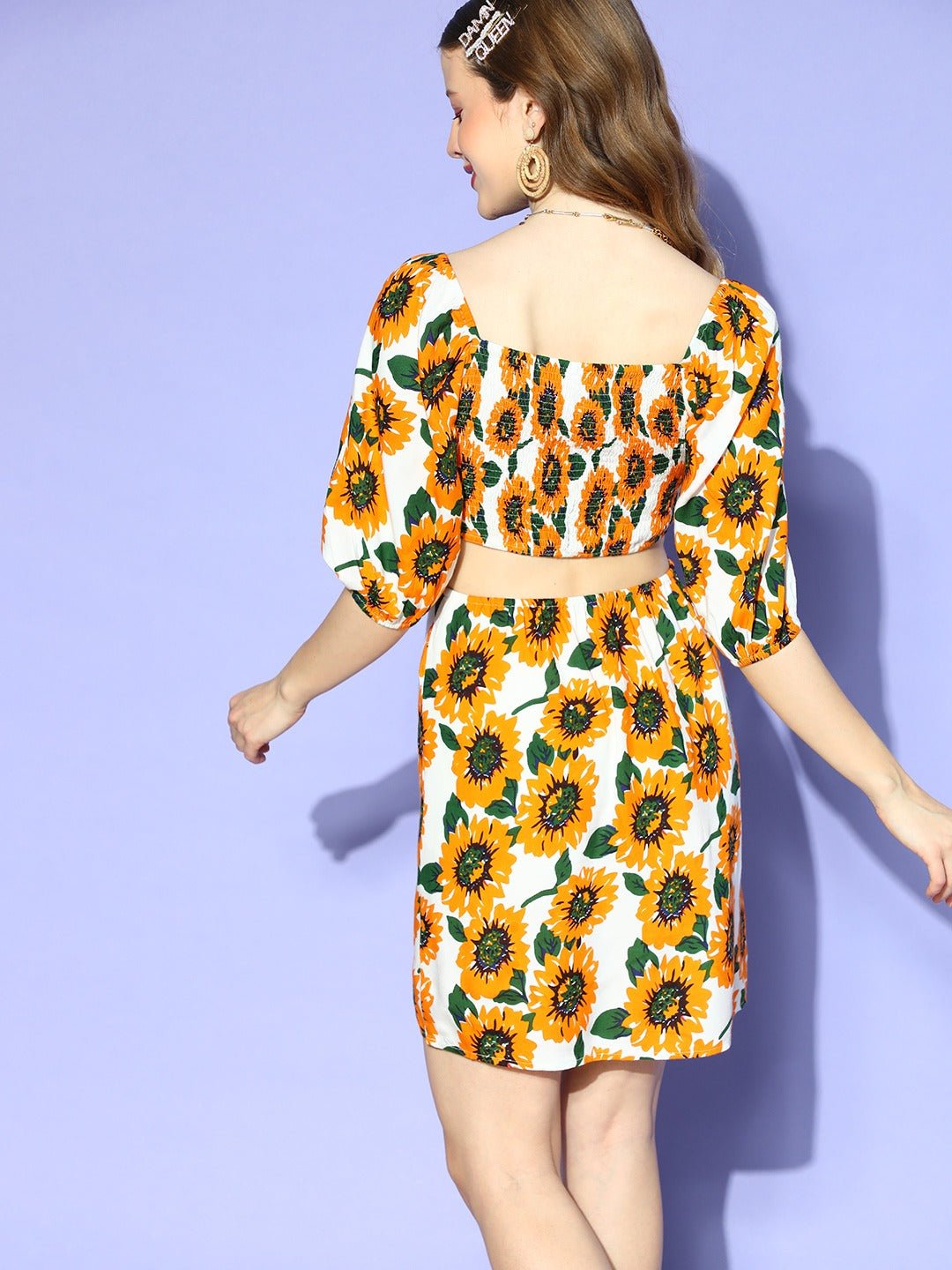 Folk Republic Women White & Yellow Sunflower Printed Sweetheart Neck Back Cutout Flared A-Line Mini Dress - #folk republic#
