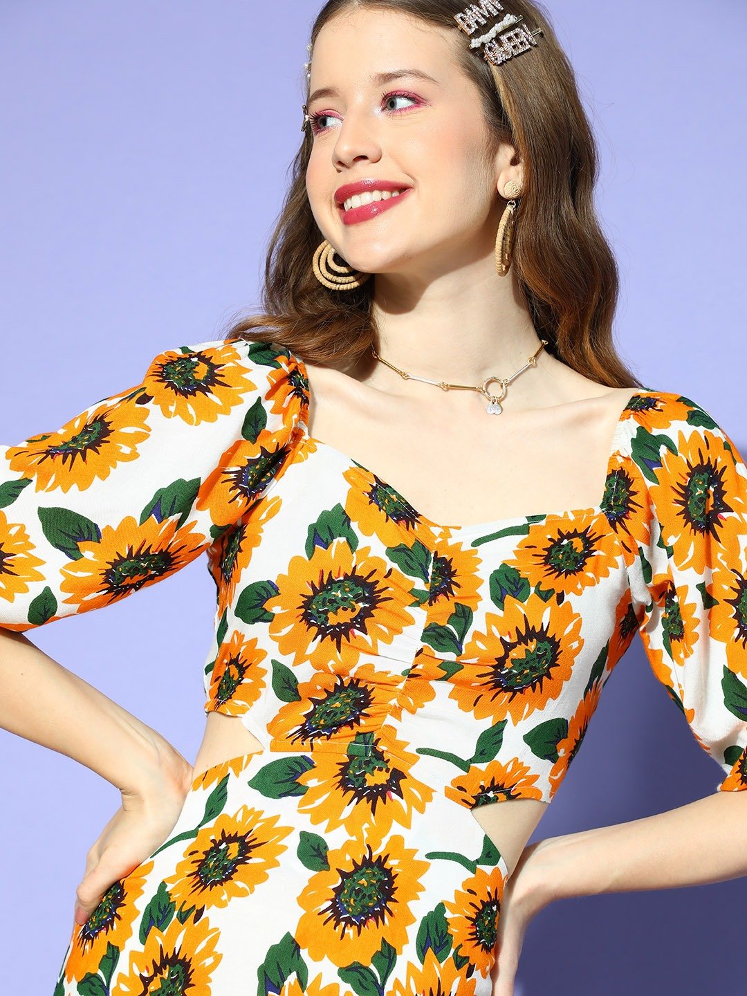 Folk Republic Women White & Yellow Sunflower Printed Sweetheart Neck Back Cutout Flared A-Line Mini Dress - #folk republic#