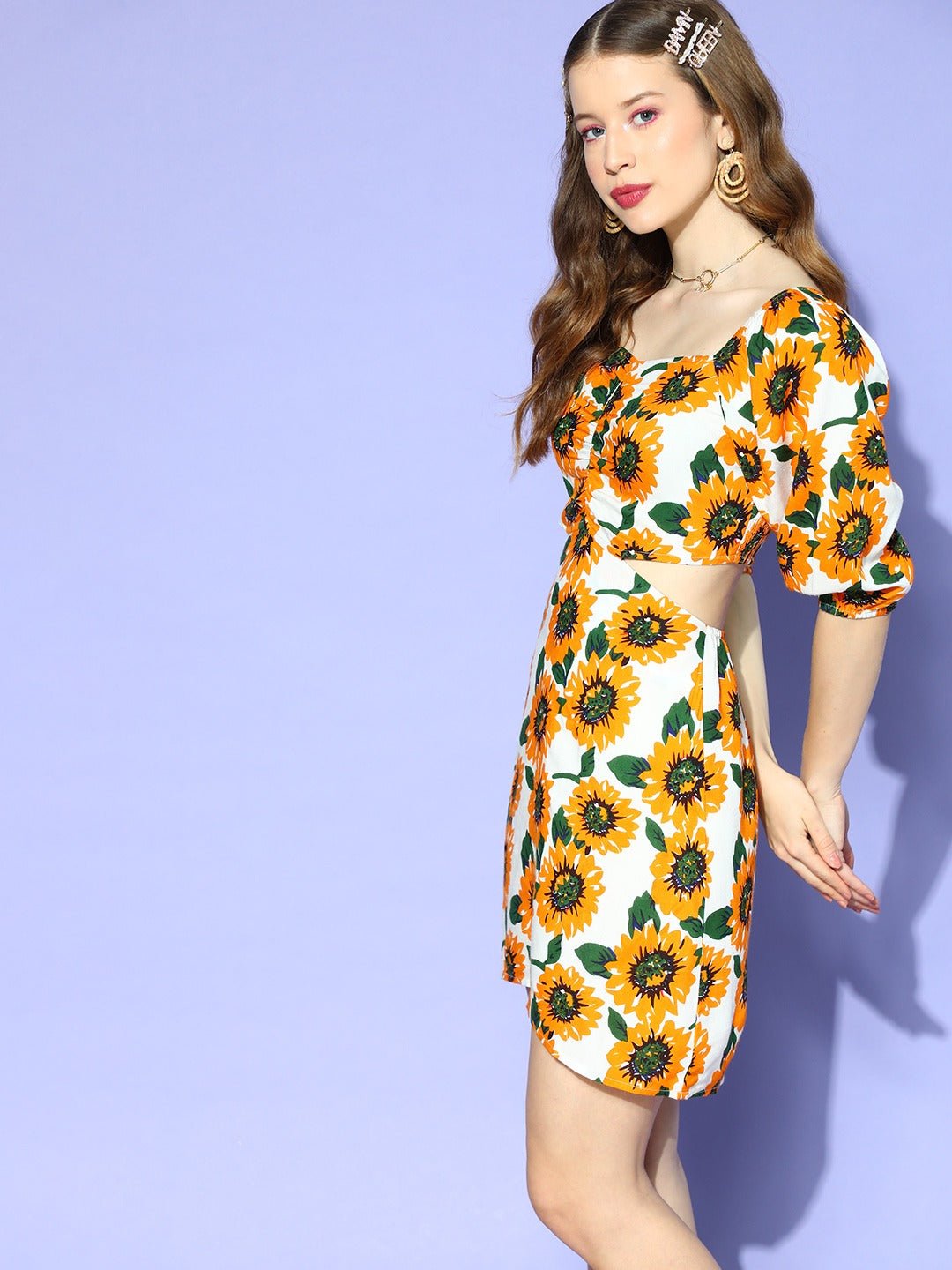 Folk Republic Women White & Yellow Sunflower Printed Sweetheart Neck Back Cutout Flared A-Line Mini Dress - #folk republic#