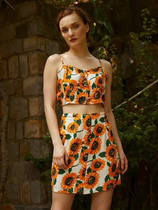 Folk Republic Women White & Yellow Sunflower Printed Sweetheart Neck Co-Ordinated Sheath Mini Dress - #folk republic#