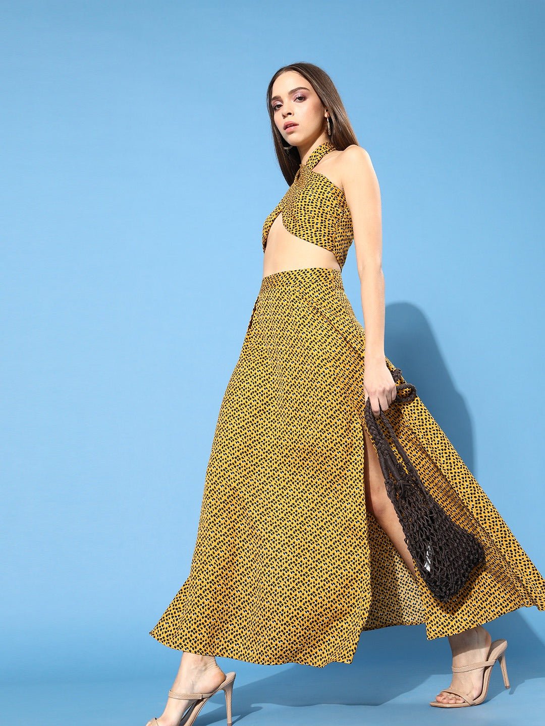 Folk Republic Women Yellow & Black Animal Printed Halter Neck Crepe Maxi Dress - #folk republic#