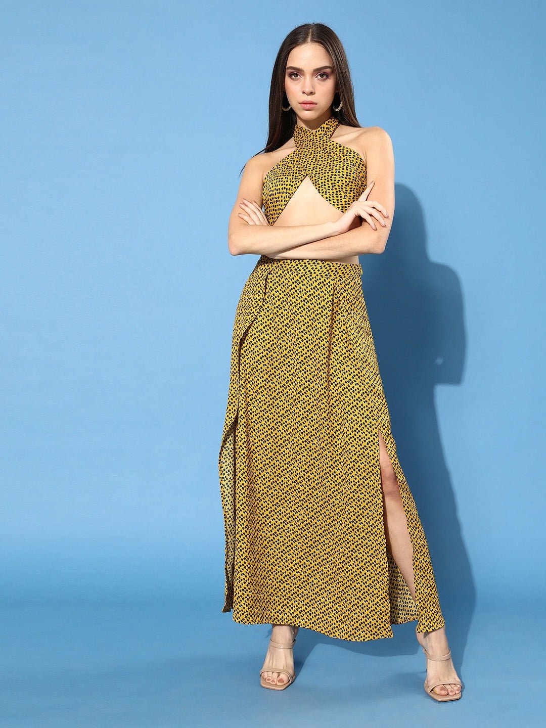 Folk Republic Women Yellow & Black Animal Printed Halter Neck Crepe Maxi Dress - #folk republic#