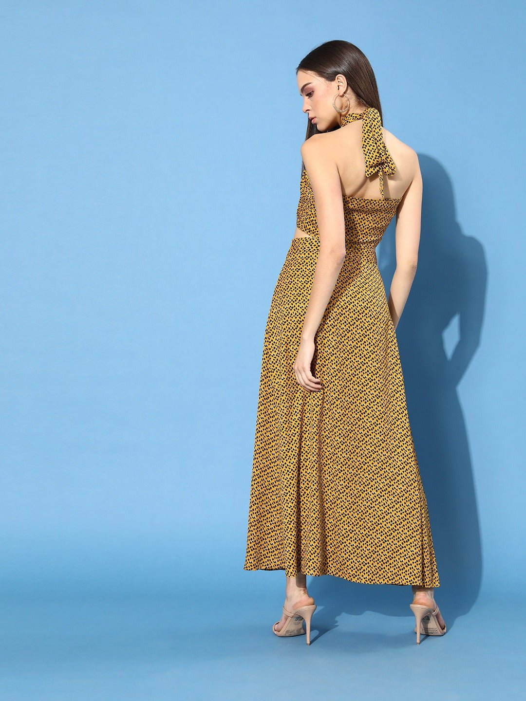 Folk Republic Women Yellow & Black Animal Printed Halter Neck Crepe Maxi Dress - #folk republic#