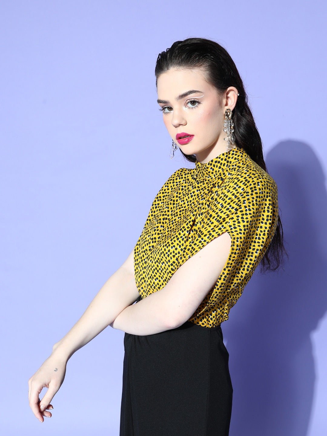 Folk Republic Women Yellow & Black Animal Printed High Neck Tie-Up Back Extended Sleeve Regular Top - #folk republic#