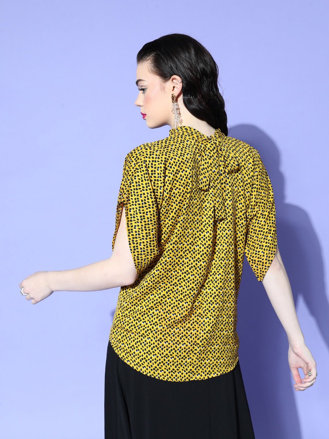 Folk Republic Women Yellow & Black Animal Printed High Neck Tie-Up Back Extended Sleeve Regular Top - #folk republic#