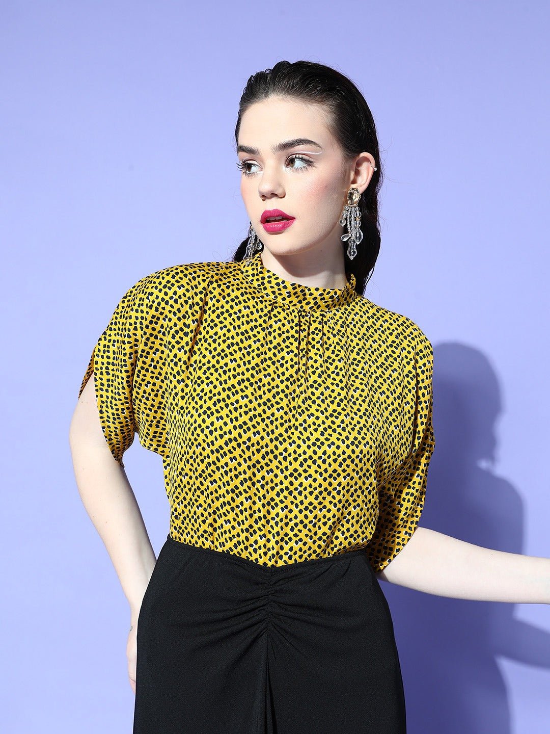 Folk Republic Women Yellow & Black Animal Printed High Neck Tie-Up Back Extended Sleeve Regular Top - #folk republic#